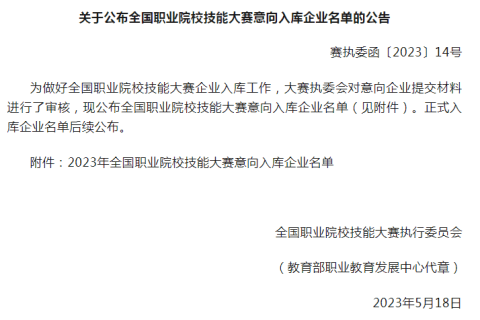 唯众成功入库全国职业院校技能大赛意向名单